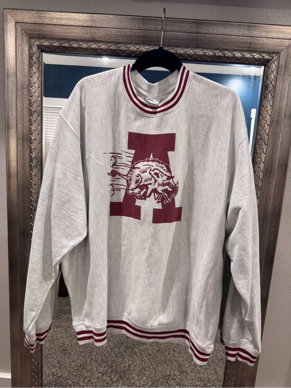Champion Gray Crewneck Sweatshirt with Running Arkansas Razorback Graphic